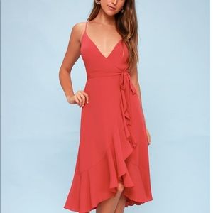 Lulu’s Pink Ruffled Midi Wrap Dress
